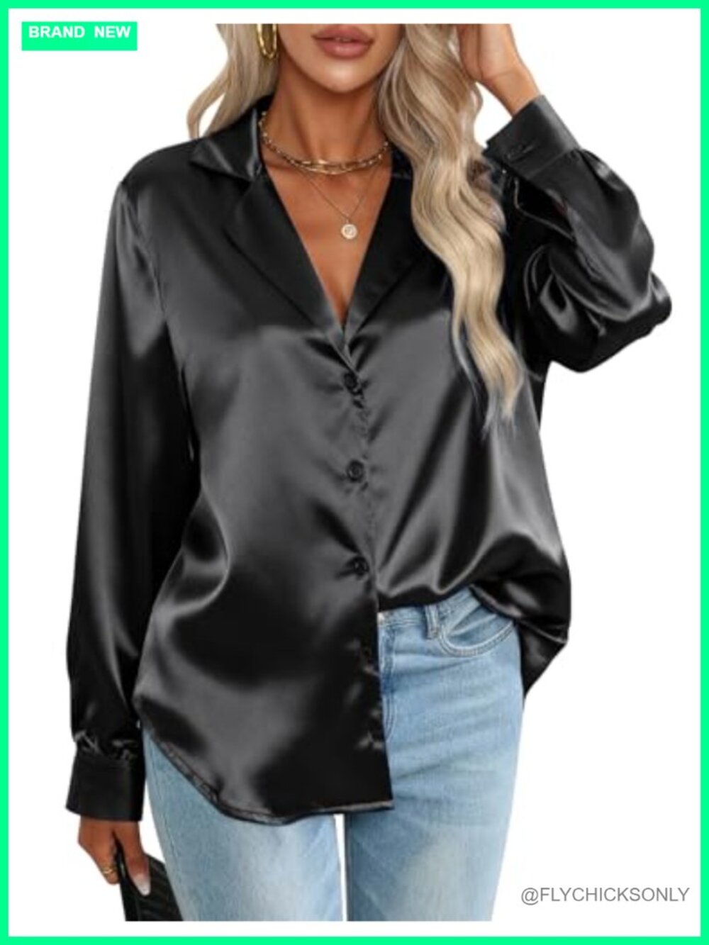 Women's Satin Button Down V-Neck Long Sleeve Blouse Work Office Tunic